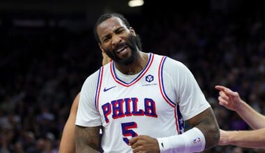 Jan 1, 2025; Sacramento, California, USA; Philadelphia 76ers center Andre Drummond (5) reacts after a play during the second quarter against the Sacramento Kings at Golden 1 Center. Mandatory Credit: Sergio Estrada-Imagn Images