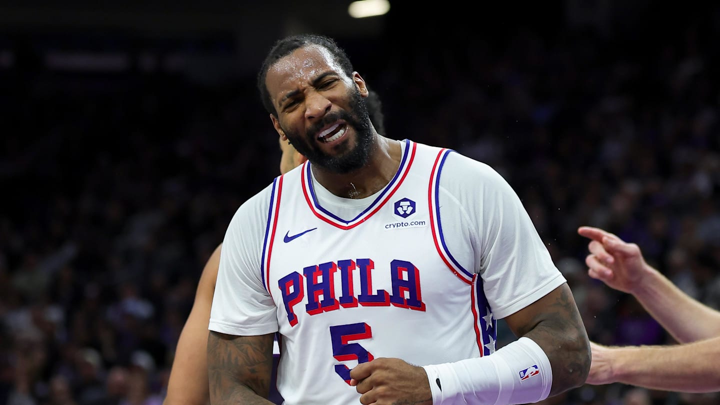 Jan 1, 2025; Sacramento, California, USA; Philadelphia 76ers center Andre Drummond (5) reacts after a play during the second quarter against the Sacramento Kings at Golden 1 Center. Mandatory Credit: Sergio Estrada-Imagn Images
