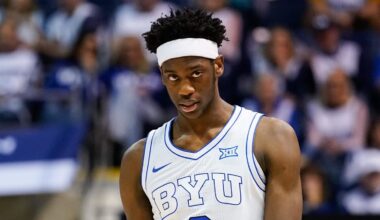 BYU Cougars forward AJ Dybantsa (3) looks on during the second half against the Colorado Buffaloes at the Marriott Center.