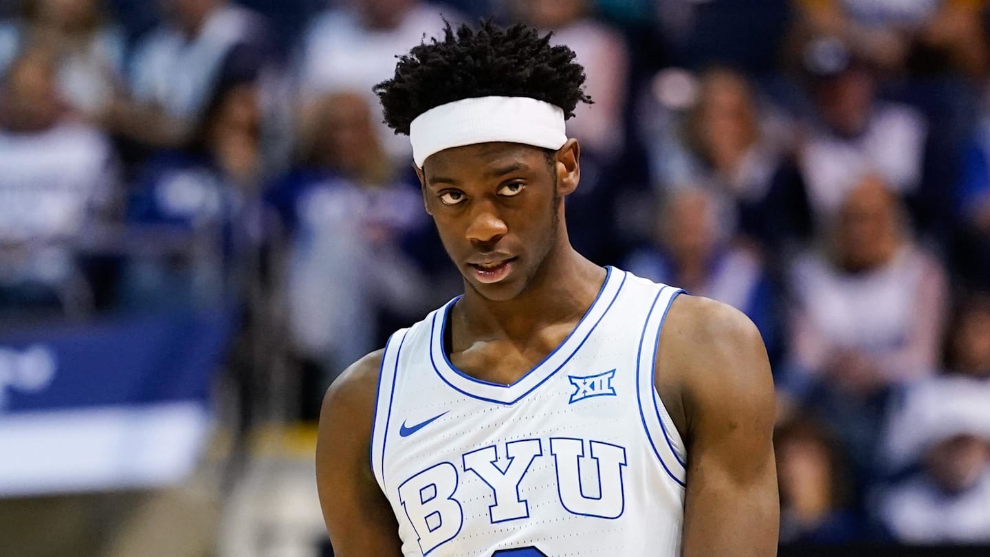 BYU Cougars forward AJ Dybantsa (3) looks on during the second half against the Colorado Buffaloes at the Marriott Center.