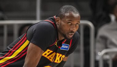 Feb 24, 2026; Atlanta, Georgia, USA; Atlanta Hawks forward Jonathan Kuminga (0) on the court against the Washington Wizards during the first half at State Farm Arena. Mandatory Credit: Dale Zanine-Imagn Images