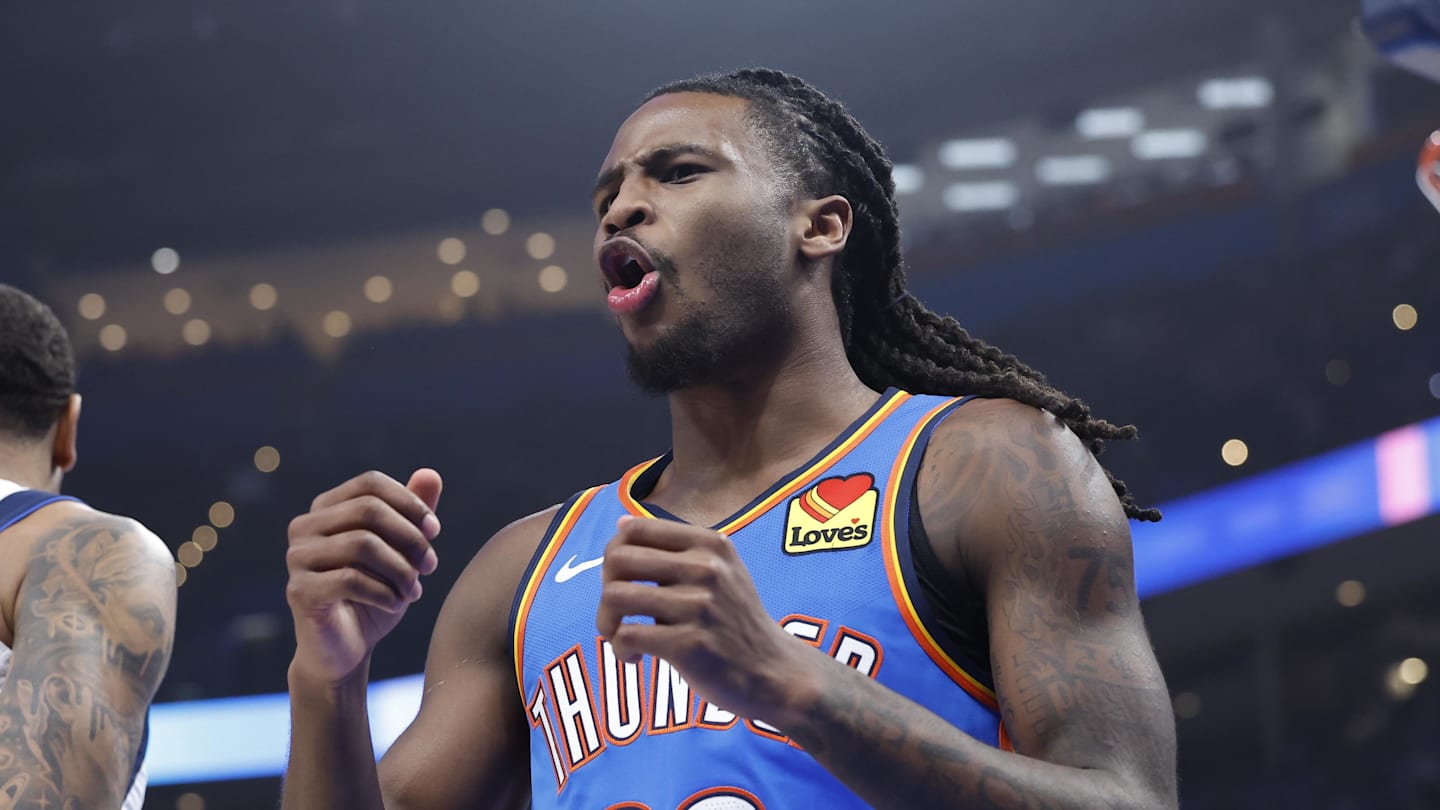 Jan 23, 2025; Oklahoma City, Oklahoma, USA; Oklahoma City Thunder guard Cason Wallace (22) reacts to an officials call after a play against the Dallas Mavericks during the first quarter at Paycom Center. Mandatory Credit: Alonzo Adams-Imagn Images