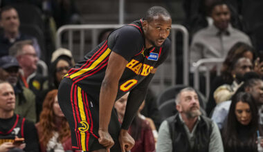 Feb 24, 2026; Atlanta, Georgia, USA; Atlanta Hawks forward Jonathan Kuminga (0) on the court against the Washington Wizards during the first half at State Farm Arena. Mandatory Credit: Dale Zanine-Imagn Images