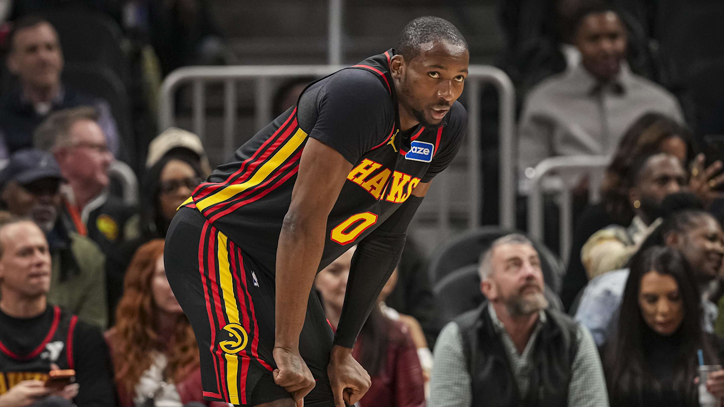 Feb 24, 2026; Atlanta, Georgia, USA; Atlanta Hawks forward Jonathan Kuminga (0) on the court against the Washington Wizards during the first half at State Farm Arena. Mandatory Credit: Dale Zanine-Imagn Images