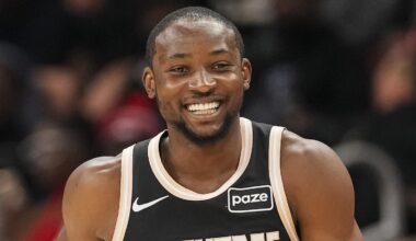 Feb 26, 2026; Atlanta, Georgia, USA; Atlanta Hawks forward Jonathan Kuminga (0) reacts after making a three point shot against the Washington Wizards during the first half at State Farm Arena. Mandatory Credit: Dale Zanine-Imagn Images