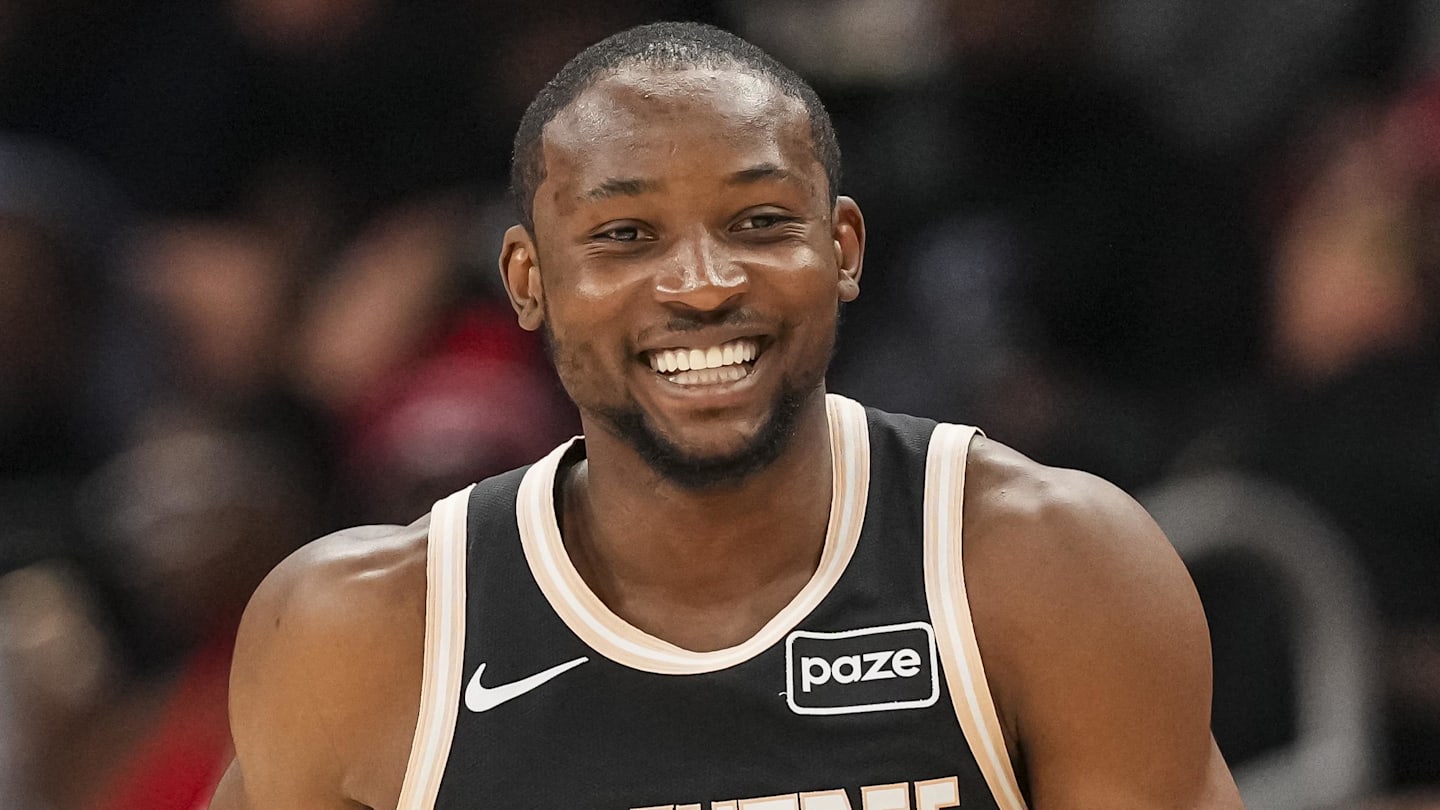 Feb 26, 2026; Atlanta, Georgia, USA; Atlanta Hawks forward Jonathan Kuminga (0) reacts after making a three point shot against the Washington Wizards during the first half at State Farm Arena. Mandatory Credit: Dale Zanine-Imagn Images
