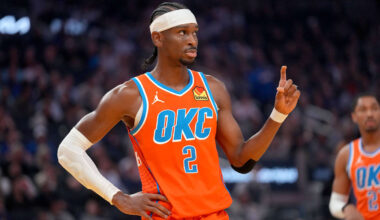 Dec 2, 2025; San Francisco, California, USA; Oklahoma City Thunder guard Shai Gilgeous-Alexander (2) looks towards the team bench during a break in the action against the Golden State Warriors in the first quarter at the Chase Center. Mandatory Credit: Cary Edmondson-Imagn Images