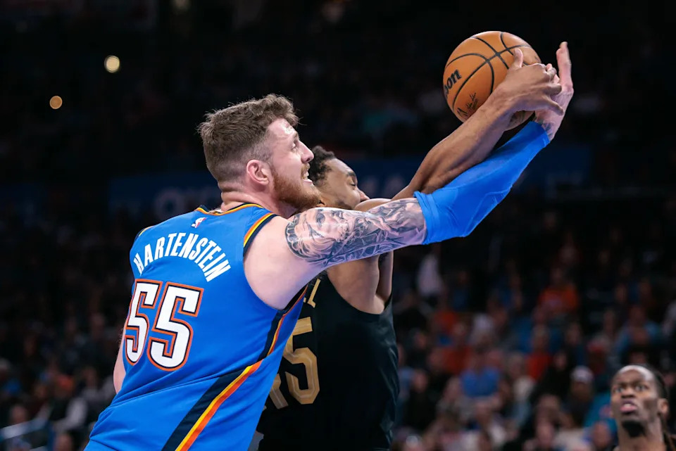 OKLAHOMA CITY, OKLAHOMA - FEBRUARY 22: Isaiah Hartenstein #55 of the Oklahoma City Thunder rebounds during the second half against the Cleveland Cavaliers at Paycom Center on February 22, 2026 in Oklahoma City, Oklahoma. NOTE TO USER: User expressly acknowledges and agrees that, by downloading and or using this photograph, User is consenting to the terms and conditions of the Getty Images License Agreement. (Photo by William Purnell/Getty Images)