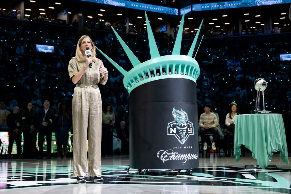WNBA Commissioner Cathy Engelbert speaks during the New York Liberty's 2024 Championship ring and banner ceremony.