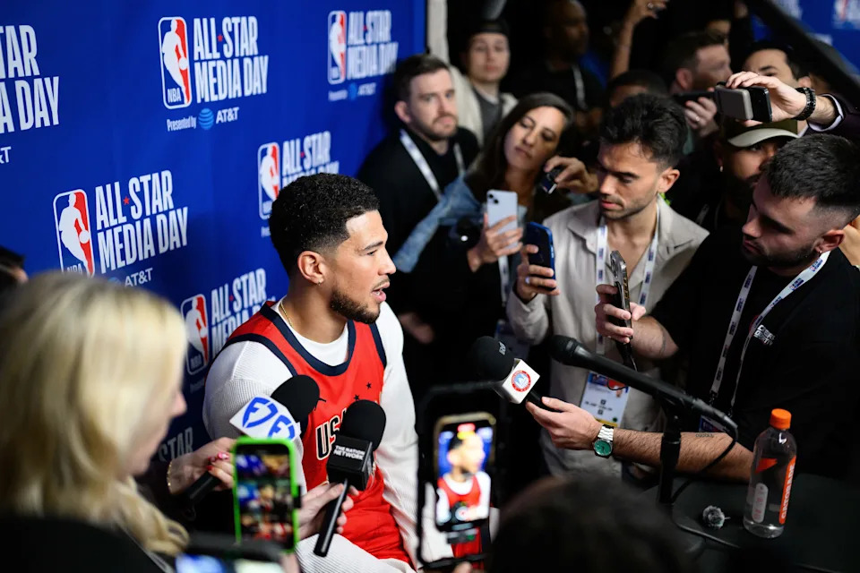 Feb 14, 2026; Inglewood, California, USA; Devin Booker speaks during interviews at media day at Intuit Dome. Mandatory Credit: William Liang-Imagn Images