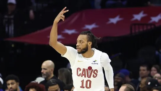 Cleveland Cavaliers guard Darius Garland (10) reacts to his three pointer against the Philadelphia 76ers during the first quarter at Xfinity Mobile Arena. 