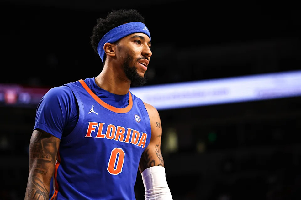 COLUMBIA, SOUTH CAROLINA - JANUARY 28: Boogie Fland #0 of the Florida Gators reacts during the first half of the basketball game against the South Carolina Gamecocks at Colonial Life Arena on January 28, 2026 in Columbia, South Carolina. (Photo by David Jensen/Getty Images)