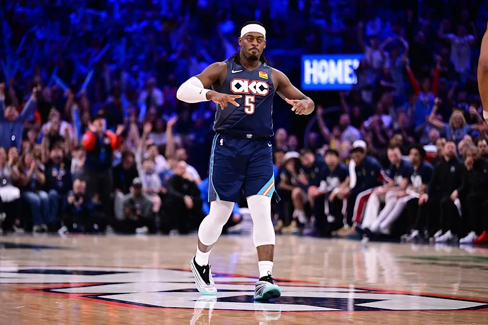 OKLAHOMA CITY, OKLAHOMA - FEBRUARY 27: Luguentz Dort #5 of the Oklahoma City Thunder celebrates after a made basket during the second half against the Denver Nuggets at Paycom Center on February 27, 2026 in Oklahoma City, Oklahoma. NOTE TO USER: User expressly acknowledges and agrees that, by downloading and or using this photograph, User is consenting to the terms and conditions of the Getty Images License Agreement. (Photo by Joshua Gateley/Getty Images)