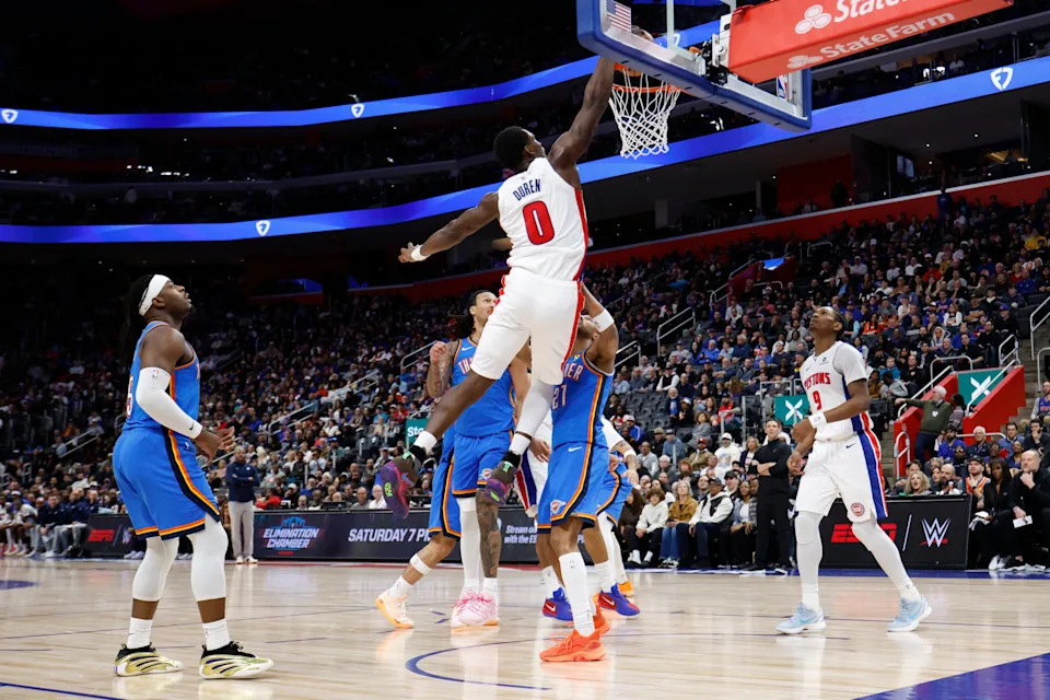 Feb 25, 2026; Detroit, Michigan, USA; Detroit Pistons center Jalen Duren (0) dunks in the first half against the Oklahoma City Thunder at Little Caesars Arena. Mandatory Credit: Rick Osentoski-Imagn Images