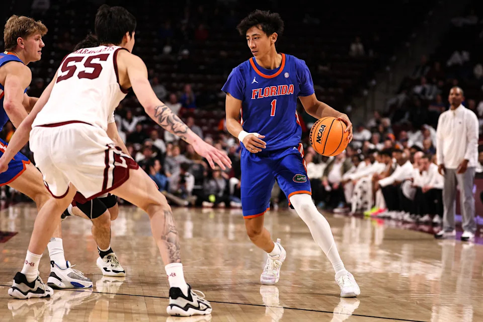COLUMBIA, SOUTH CAROLINA - JANUARY 28: Xaivian Lee #1 of the Florida Gators controls the ball during the second half of the basketball game against the South Carolina Gamecocks at Colonial Life Arena on January 28, 2026 in Columbia, South Carolina. (Photo by David Jensen/Getty Images)