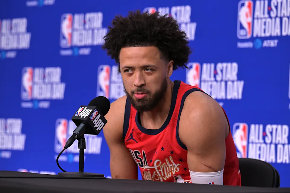 Feb 13, 2026; Inglewood, California, USA; Team USA Stars guard Cade Cunningham (2) of the Detroit Pistons during a news conference for the NBA All Star game at Intuit Dome. Mandatory Credit: Jayne Kamin-Oncea-Imagn Images