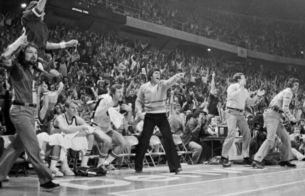 Former Denver Rockets player and Denver Nuggets coach Larry Brown in 'Soul Power: The Legend of the American Basketball Association.' At the far left is player Monte Towe. (Courtesy of Prime)