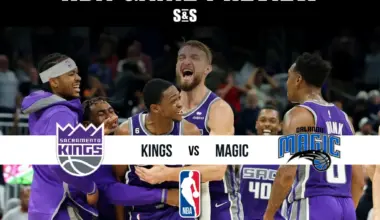 NBA game preview featuring players from the Sacramento Kings and Orlando Magic, with team logos and game details prominently displayed.