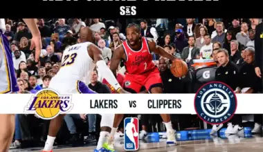 NBA game preview featuring the Los Angeles Lakers vs. Los Angeles Clippers with players in action and fans in attendance.