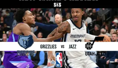 NBA game preview featuring the Memphis Grizzlies vs. Utah Jazz, highlighting two players in action during a competitive matchup.