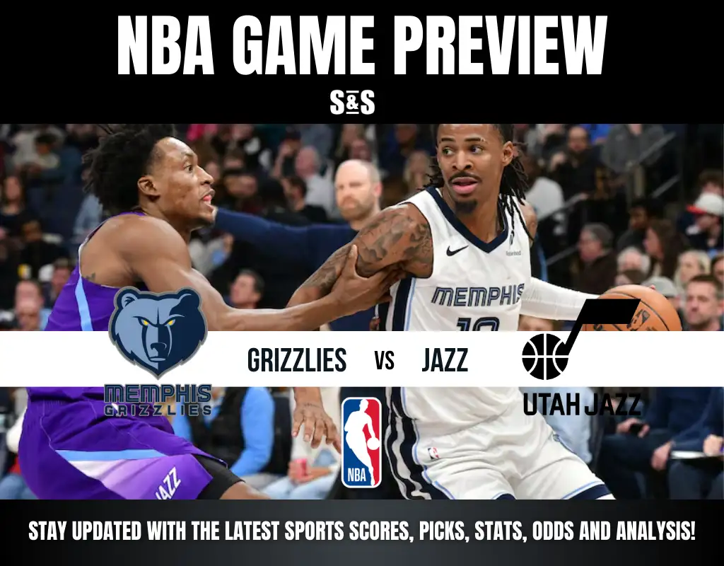 NBA game preview featuring the Memphis Grizzlies vs. Utah Jazz, highlighting two players in action during a competitive matchup.