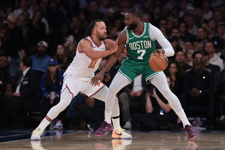 Oct 24, 2025; New York, New York, USA; Boston Celtics guard Jaylen Brown (7) is defended by New York Knicks guard Jalen Brunson (11) during the first half at Madison Square Garden. Mandatory Credit: Vincent Carchietta-Imagn Images