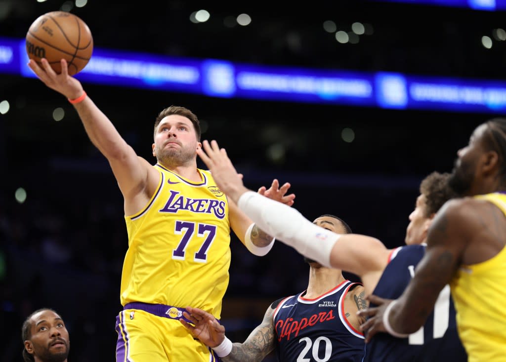 Luka Dončić, who scored 38 points, goes up for a layup during the Lakers’ win over the Clippers. Getty Images