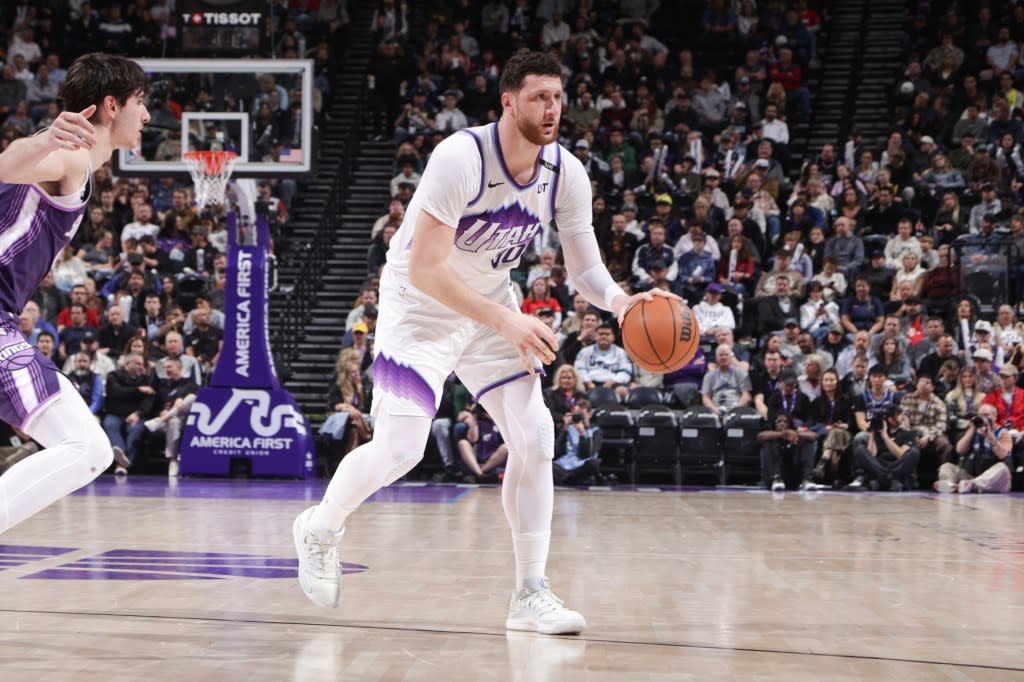 Jusuf Nurkic of the Utah Jazz dribbles the ball during the game against the Sacramento Kings. NBAE via Getty Images