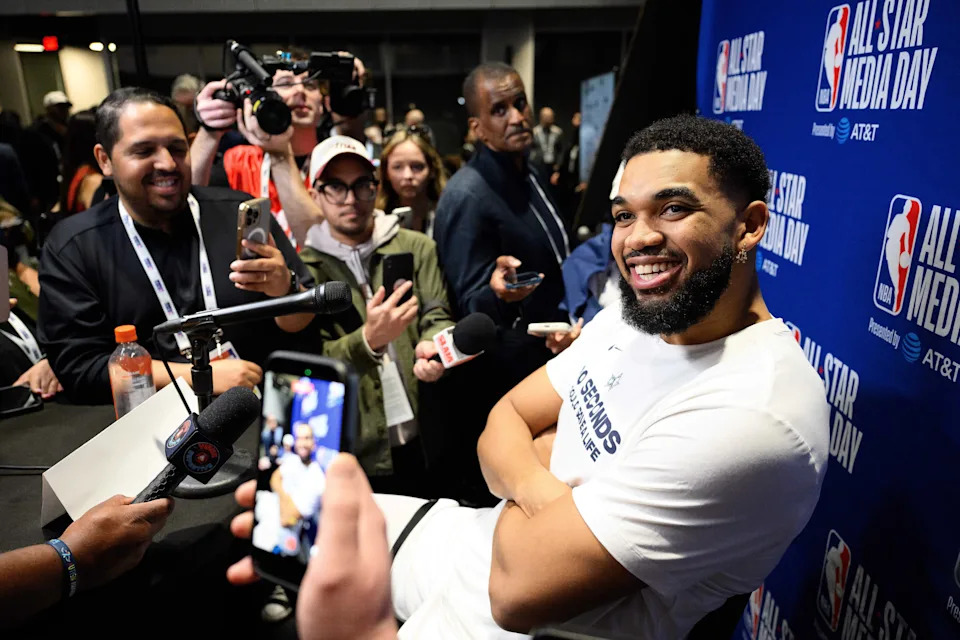 Feb 14, 2026; Inglewood, California, USA; Karl-Anthony Towns speaks during interviews at media day at Intuit Dome. Mandatory Credit: William Liang-Imagn Images