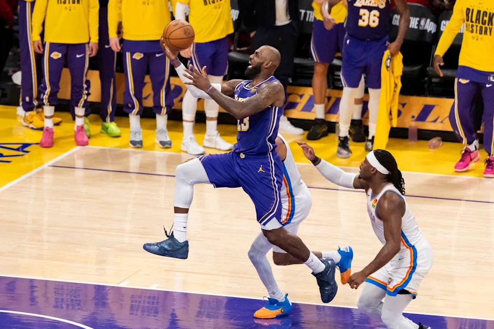 LeBron James #23 of the Los Angeles Lakers drives towards the basket during an NBA basketball game against the Oklahoma City Thunder, Monday February 9, 2026 in Los Angeles, Calif.