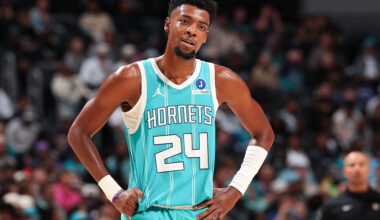 CHARLOTTE, NC - OCTOBER 22: Brandon Miller #24 of the Charlotte Hornets looks on during the game against the Brooklyn Nets on October 22, 2025 at Spectrum Center in Charlotte, North Carolina. NOTE TO USER: User expressly acknowledges and agrees that, by downloading and or using this photograph, User is consenting to the terms and conditions of the Getty Images License Agreement. Mandatory Copyright Notice: Copyright 2025 NBAE (Photo by Kent Smith/NBAE via Getty Images)