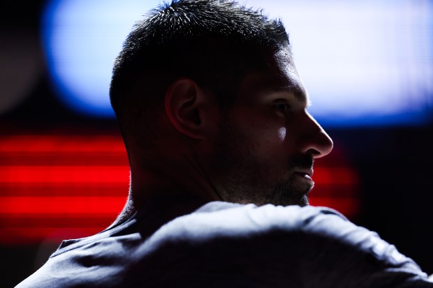 Bulls center Nikola Vučević looks on before the start a game against the Pacers on March 10, 2025, at the United Center. (Armando L. Sanchez/Chicago Tribune)