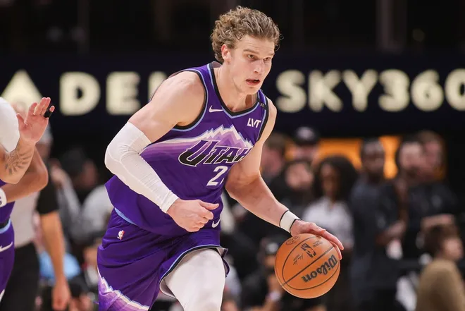 Feb 5, 2026; Atlanta, Georgia, USA; Utah Jazz forward Lauri Markkanen (23) dribbles against the Atlanta Hawks in the third quarter at State Farm Arena.