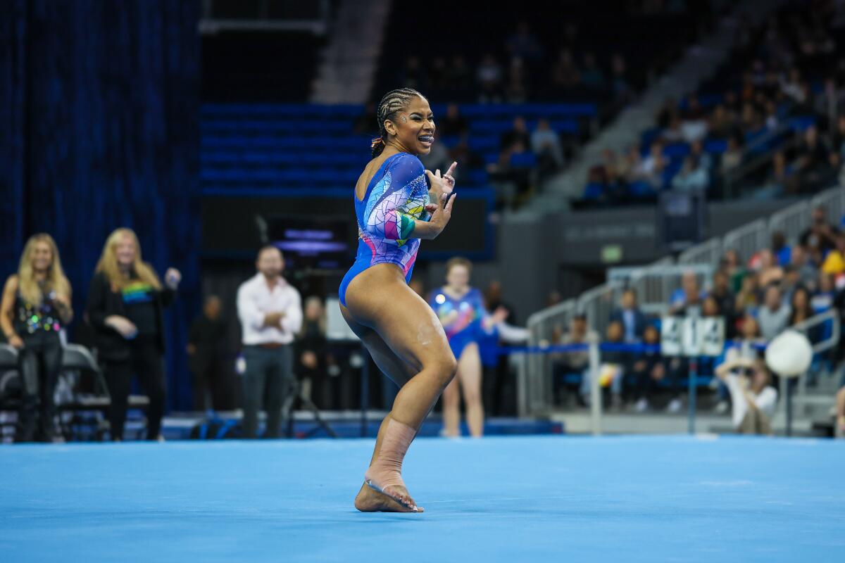Jordan Chiles in floor exercise on her way to achieving a perfect score for UCLA against Washington at Pauley Pavilion.