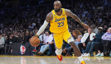 Los Angeles Lakers forward LeBron James drives to the basket during the second half of an NBA basketball game against the Golden State Warriors Saturday, Feb. 7, 2026, in Los Angeles. (AP Photo/Jae C. Hong)