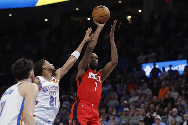 Feb 7, 2026; Oklahoma City, Oklahoma, USA; Houston Rockets forward Kevin Durant (7) shoots against the Oklahoma City Thunder during the second half at Paycom Center.