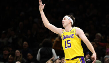 NEW YORK, NEW YORK - FEBRUARY 03: Austin Reaves #15 of the Los Angeles Lakers reacts after making a three-point basket during the third quarter against the Brooklyn Nets at Barclays Center on February 03, 2026 in the Brooklyn borough of New York City. NOTE TO USER: User expressly acknowledges and agrees that, by downloading and or using this photograph, user is consenting to the terms and conditions of the Getty Images License Agreement. (Photo by Ishika Samant/Getty Images)