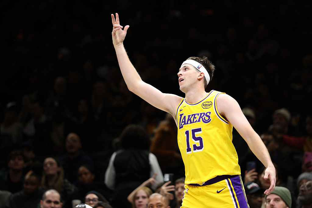 NEW YORK, NEW YORK - FEBRUARY 03: Austin Reaves #15 of the Los Angeles Lakers reacts after making a three-point basket during the third quarter against the Brooklyn Nets at Barclays Center on February 03, 2026 in the Brooklyn borough of New York City. NOTE TO USER: User expressly acknowledges and agrees that, by downloading and or using this photograph, user is consenting to the terms and conditions of the Getty Images License Agreement. (Photo by Ishika Samant/Getty Images)