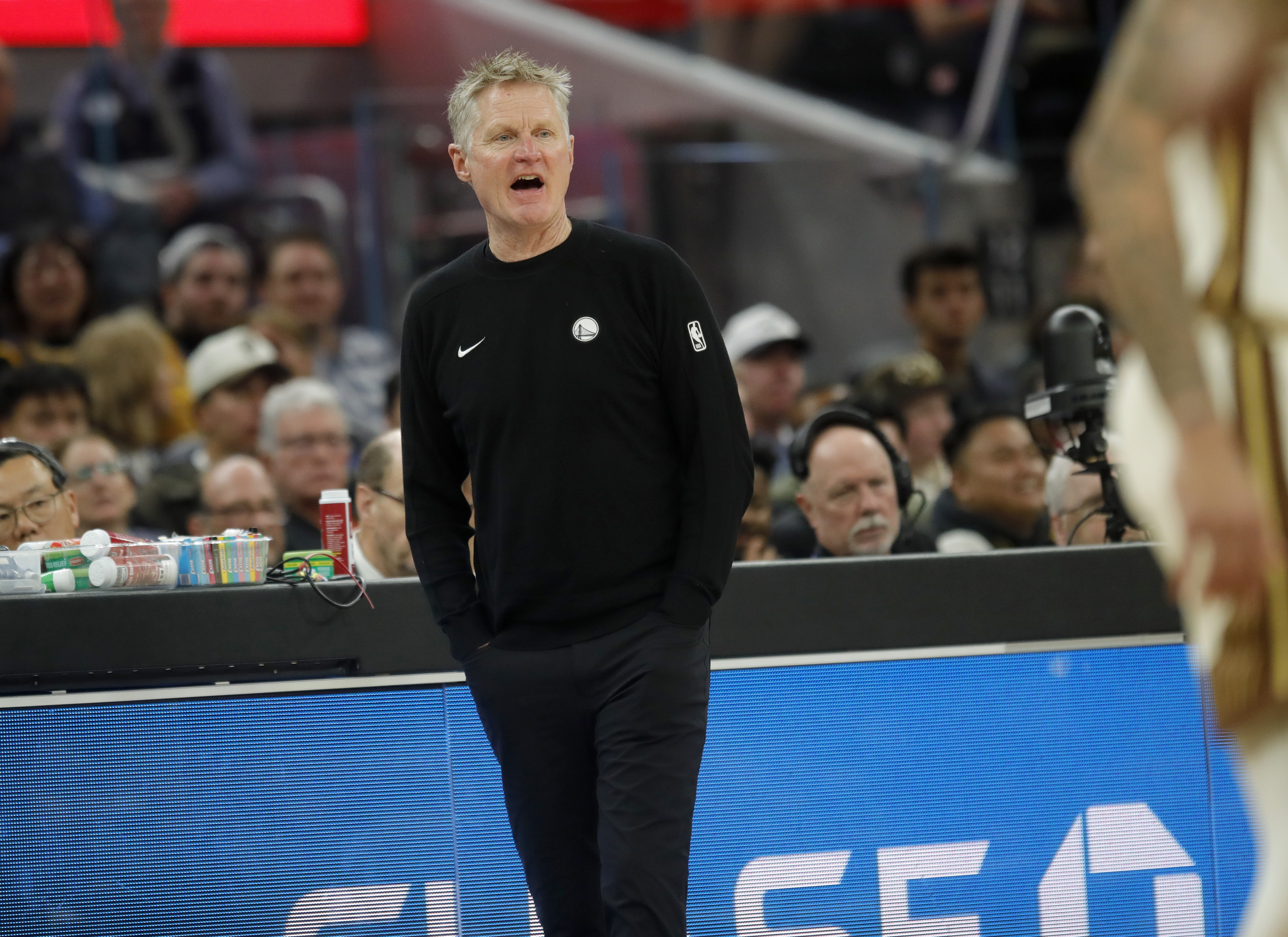 Golden State Warriors head coach Steve Kerr instructs from the...