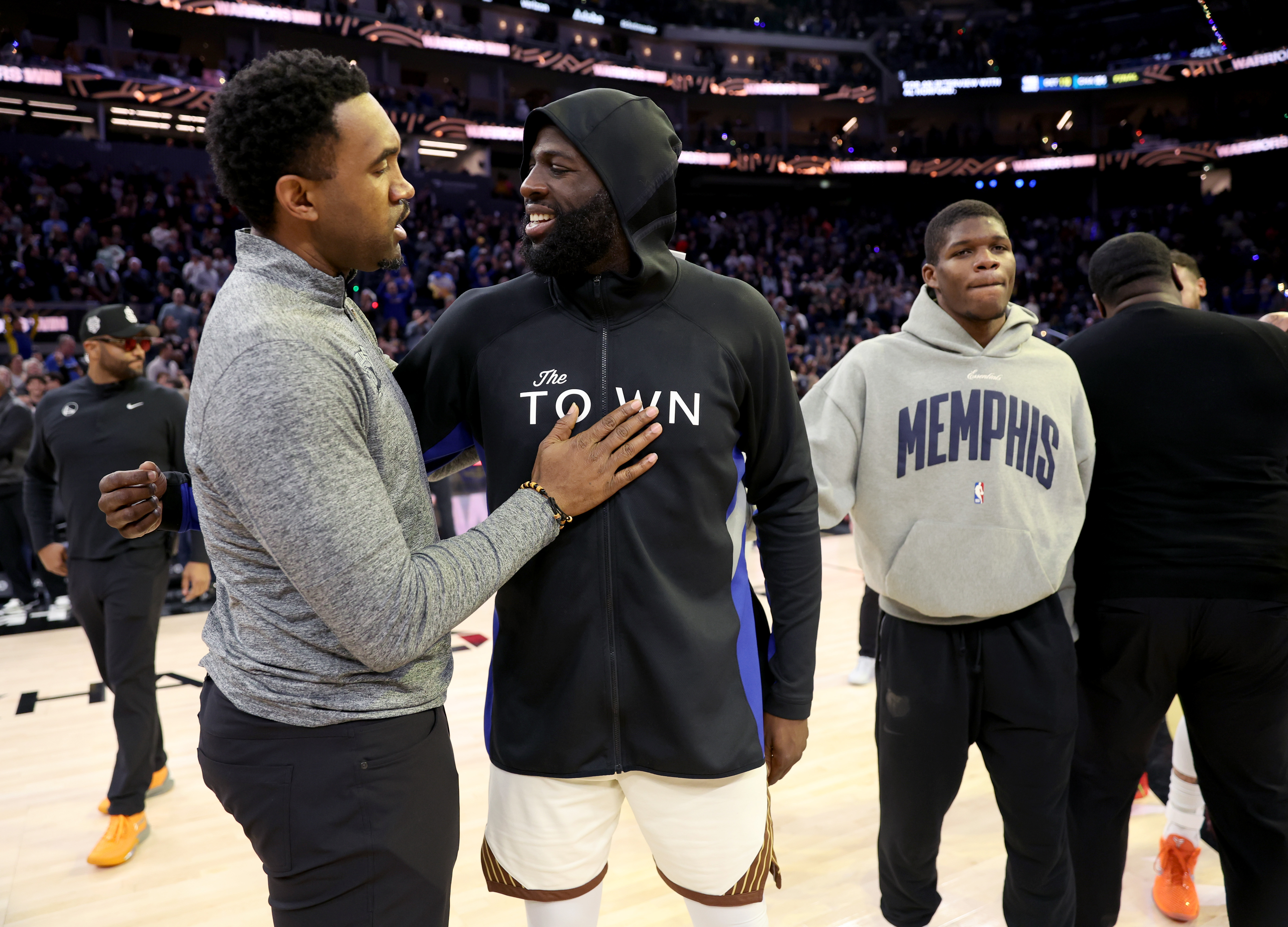 Golden State Warriors’ Draymond Green #23 talks with Memphis Grizzlies...