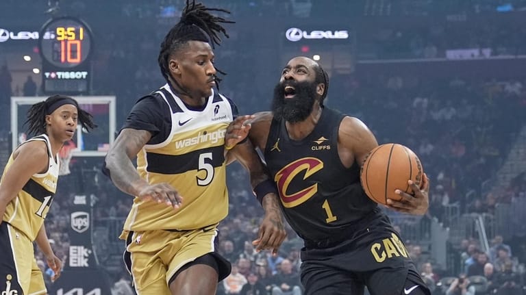 Cleveland Cavaliers guard James Harden (1) drives against Washington Wizards...