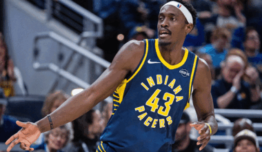 Pascal Siakam (43) celebrates a made basket in the first half against the Atlanta Hawks at Gainbridge Fieldhouse.