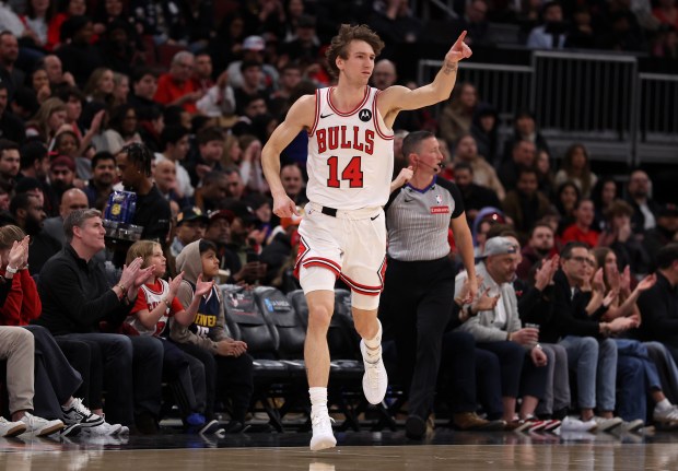Chicago Bulls forward Matas Buzelis (14) celebrates after scoring in the first half of a game against the Denver Nuggets at the United Center in Chicago on Feb. 7, 2026. (Chris Sweda/Chicago Tribune)