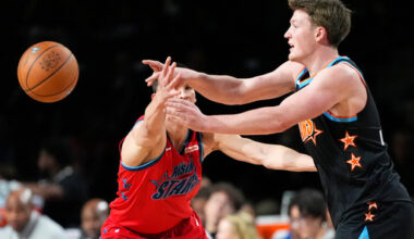 Team T-Mac guard Kon Knueppel (7) of the Charlotte Hornets, right, passes while under pressure from Team Vince guard Egor Demin (8) of the Brooklyn Nets during an NBA basketball