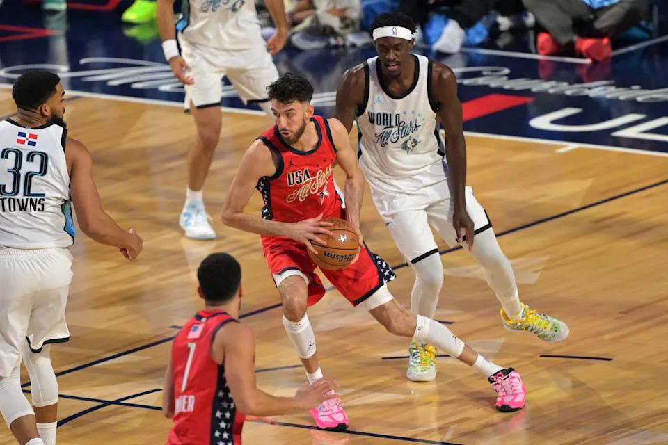 Feb 15, 2026; Inglewood, California, USA; Team USA Stars center Chet Holmgren (7) of the Oklahoma City Thunder controls the ball against Team World forward Pascal Siakam (43) of the Indiana Pacers in game one during the 75th NBA All Star Game at Intuit Dome. Mandatory Credit: Jayne Kamin-Oncea-Imagn Images
