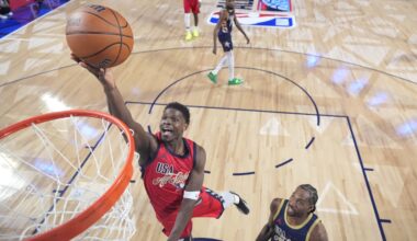Anthony Edwards takes a shot during the 2026 NBA All-Star Game.