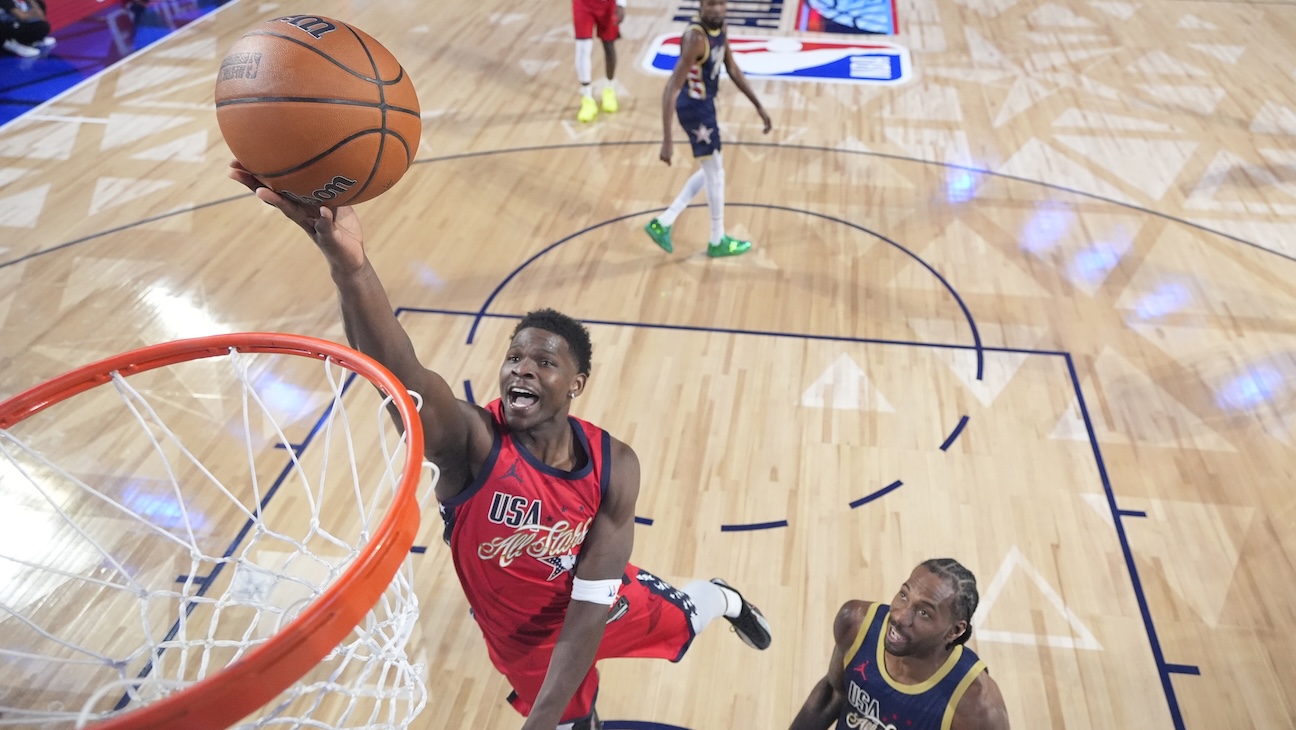 Anthony Edwards takes a shot during the 2026 NBA All-Star Game.