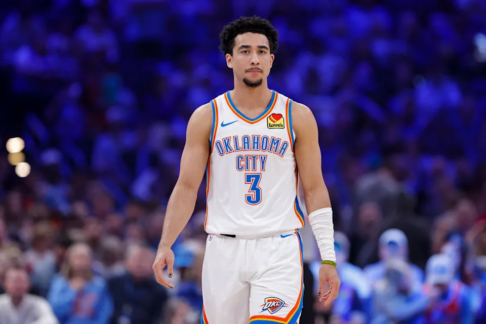 Feb 7, 2026; Oklahoma City, Oklahoma, USA; Oklahoma City Thunder guard Jared McCain (3) walks down the court during the first half against the Houston Rockets at Paycom Center. Mandatory Credit: Alonzo Adams-Imagn Images