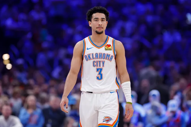 Feb 7, 2026; Oklahoma City, Oklahoma, USA; Oklahoma City Thunder guard Jared McCain (3) walks down the court during the first half against the Houston Rockets at Paycom Center. Mandatory Credit: Alonzo Adams-Imagn Images