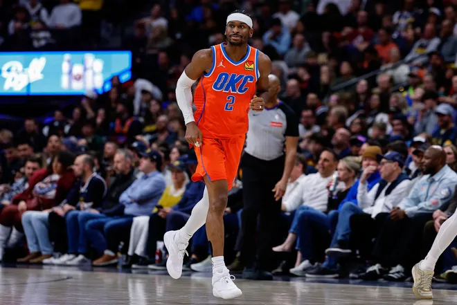 Feb 1, 2026; Denver, Colorado, USA; Oklahoma City Thunder guard Shai Gilgeous-Alexander (2) in the fourth quarter against the Denver Nuggets at Ball Arena. Mandatory Credit: Isaiah J. Downing-Imagn Images